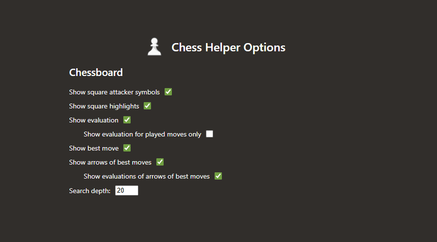 Chess Helper options page showing various settings